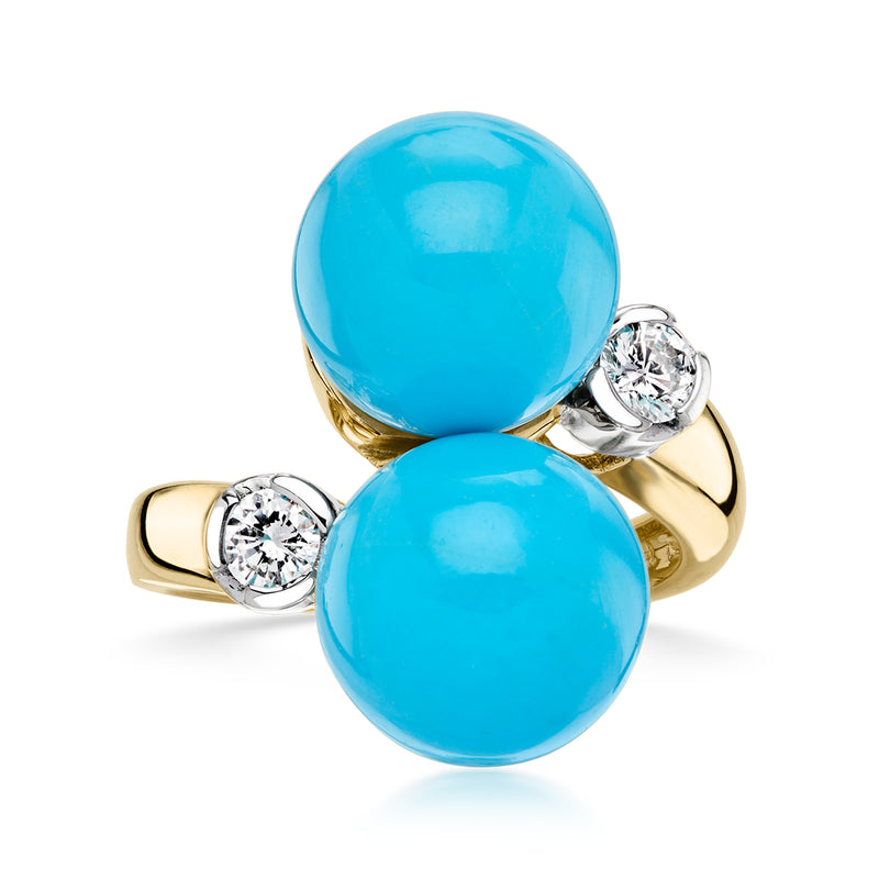 Yellow gold bypass ring with two blue turquoise cabochons and small diamond accents