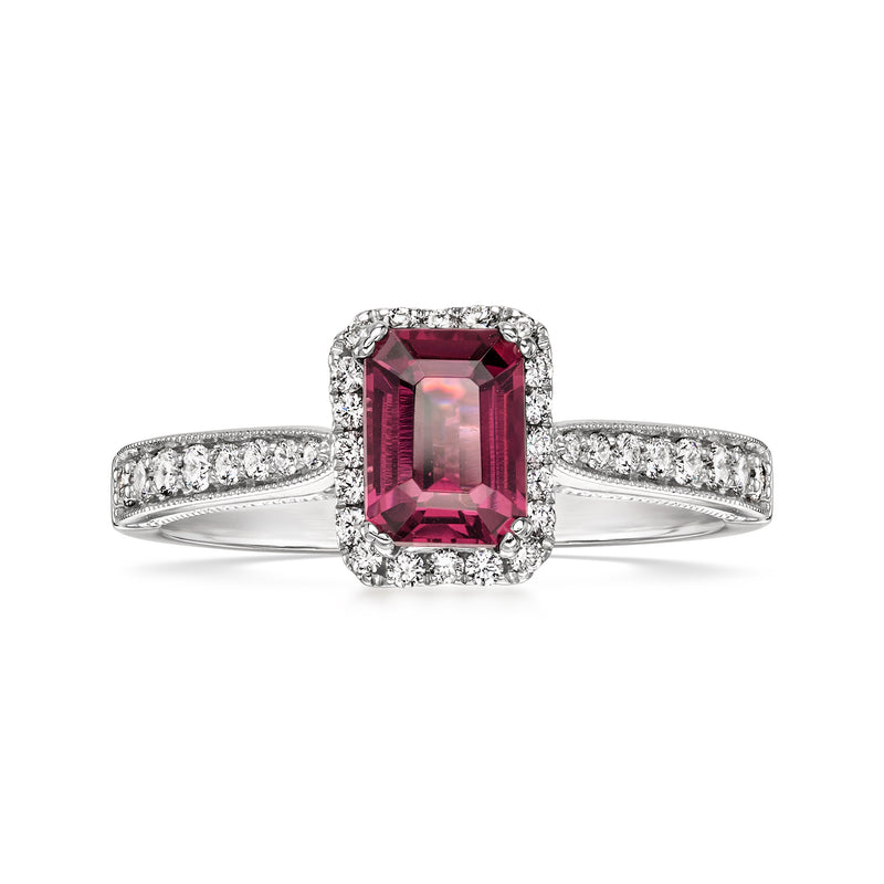 Rhodolite garnet and diamond ring in white gold with rectangular center stone