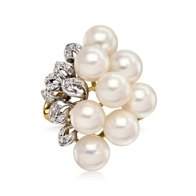 C. 1980 Vintage 6.5mm Cultured Pearl and .10 ct. t.w. Diamond Ring in 14kt Yellow Gold. Size 7