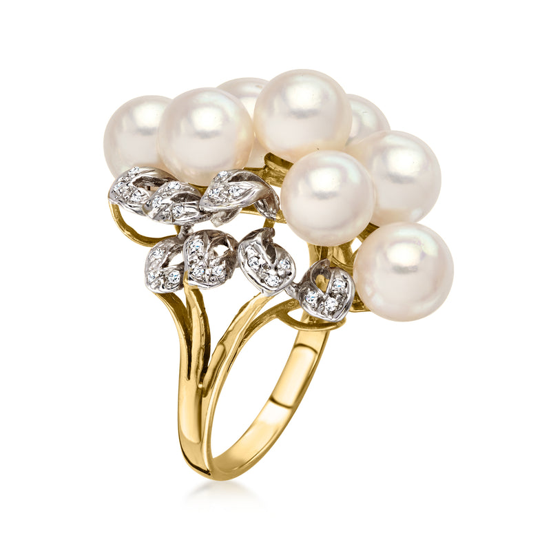 C. 1980 Vintage 6.5mm Cultured Pearl and .10 ct. t.w. Diamond Ring in 14kt Yellow Gold. Size 7