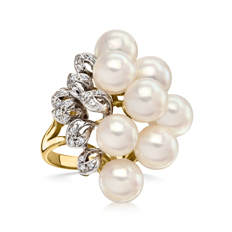 C. 1980 Vintage 6.5mm Cultured Pearl and .10 ct. t.w. Diamond Ring in 14kt Yellow Gold. Size 7