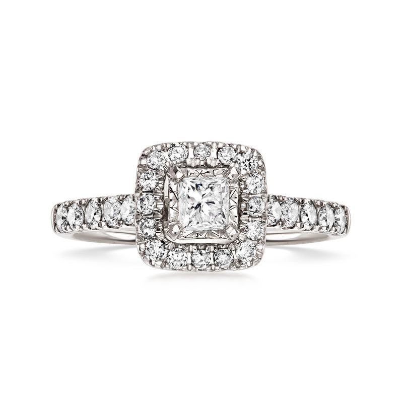 Vintage 14kt white gold diamond ring with square halo and pavé band