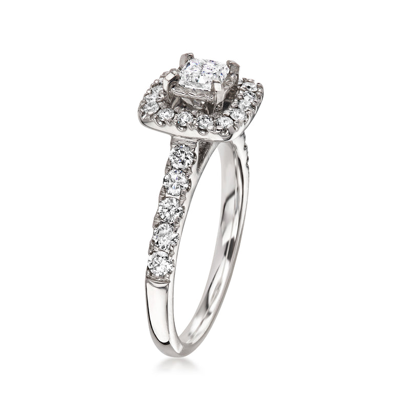 Vintage diamond ring in 14kt white gold with square halo and diamond band
