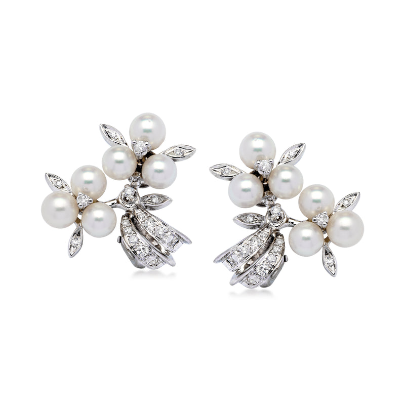 C. 1980 Vintage 5mm Cultured Pearl and .60 ct. t.w. Diamond Earrings in 14kt White Gold