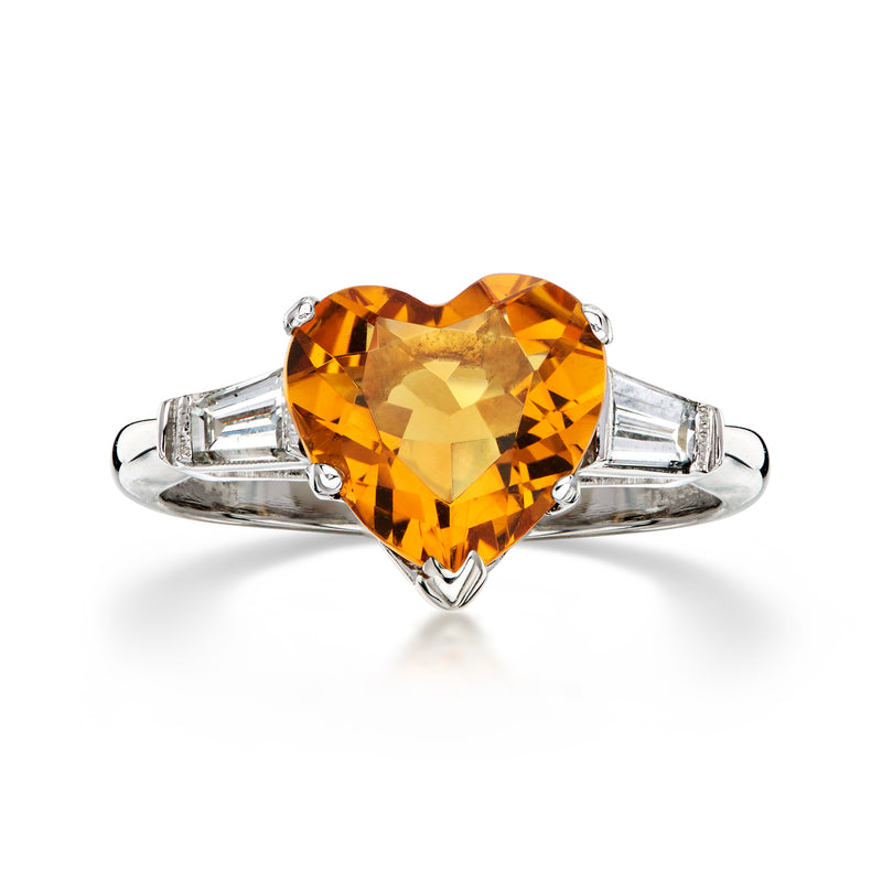 C. 1990 Vintage 2.60 Carat Orange Citrine Heart Ring with .40 ct. t.w. Diamonds in Platinum. Size 7