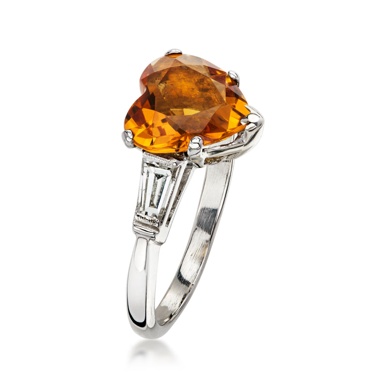 C. 1990 Vintage 2.60 Carat Orange Citrine Heart Ring with .40 ct. t.w. Diamonds in Platinum. Size 7