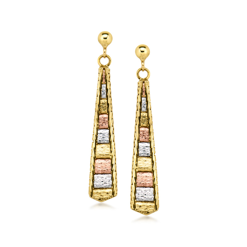 Tri-colored gold drop earrings with hinged rectangular dangles, textured detail