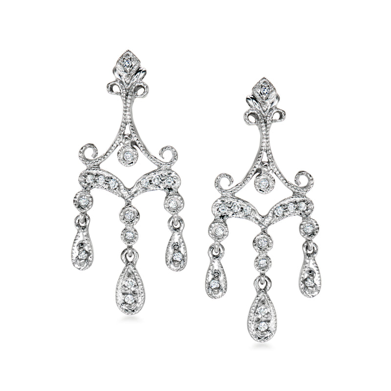White gold chandelier earrings with sparkling diamond-like drops and post backs