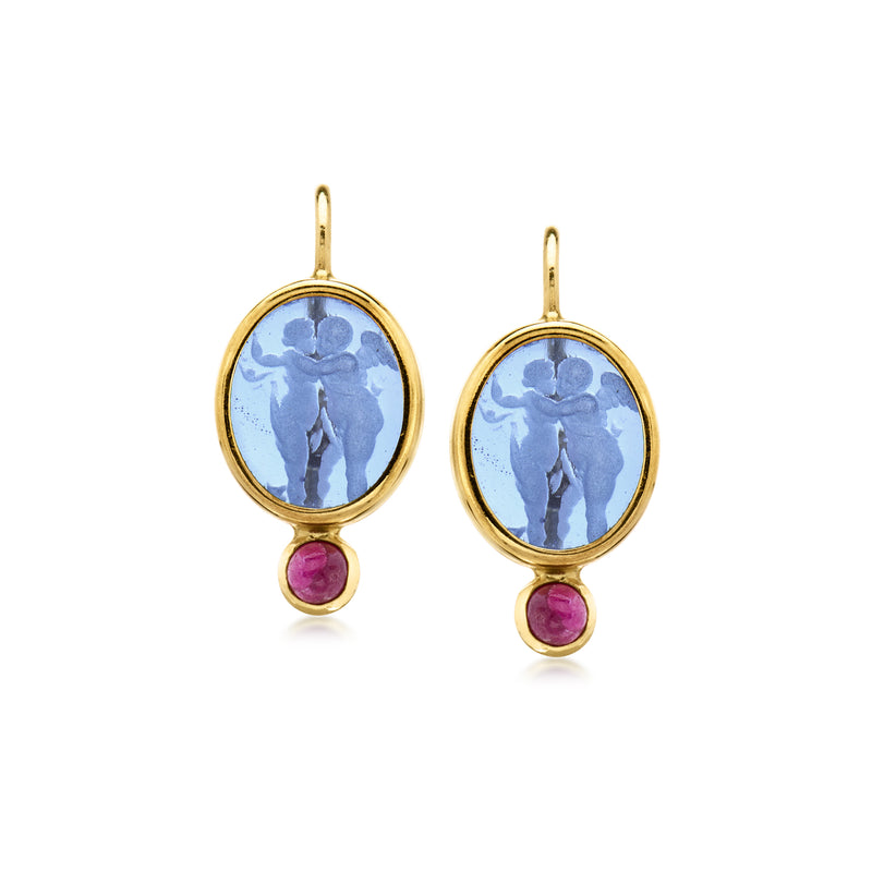14kt yellow gold oval cameo earrings with blue figures and ruby drop accents