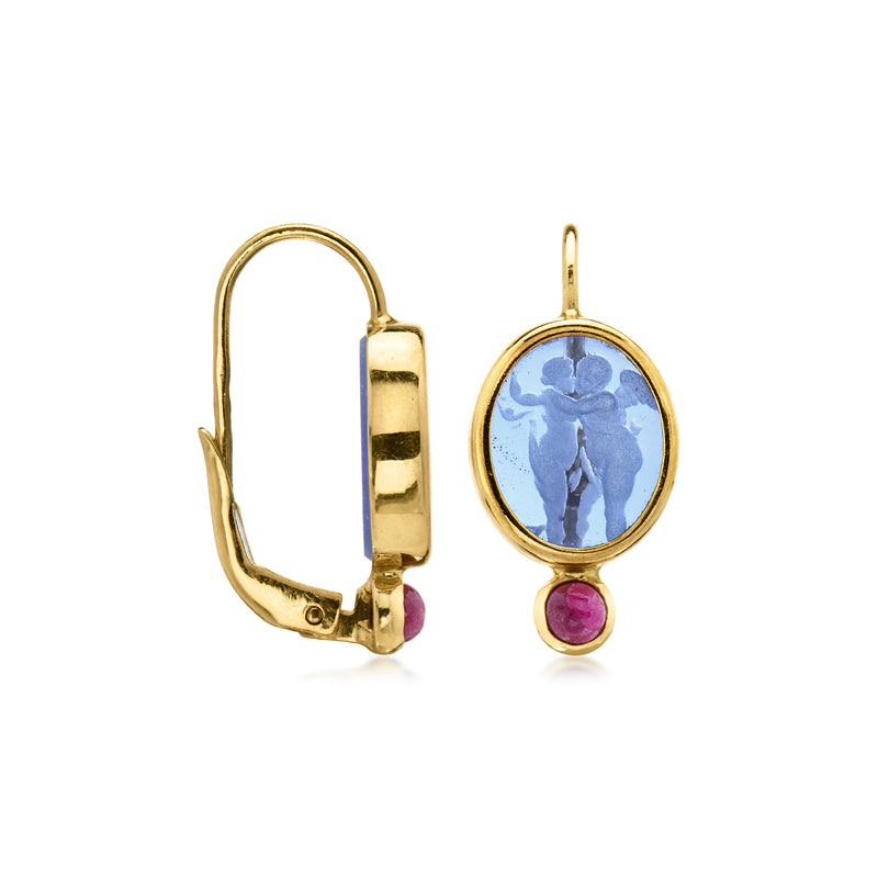14kt yellow gold leverback earrings with oval blue cameo and ruby drop accents