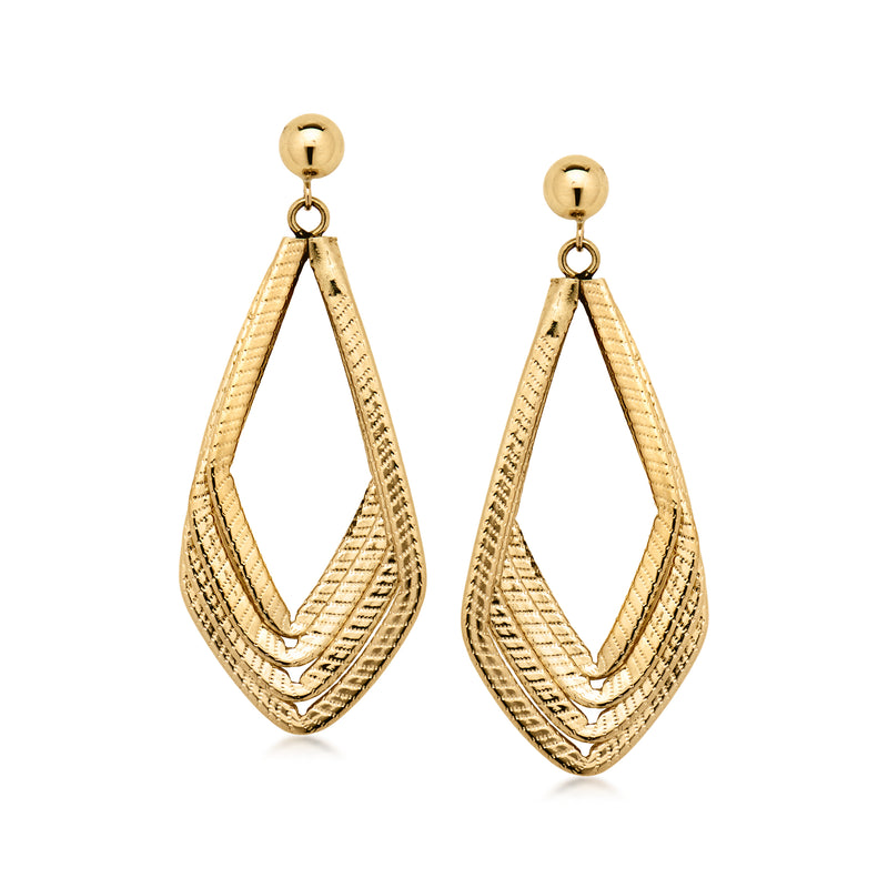 14kt yellow gold geometric drop earrings with textured teardrop lattice dangles