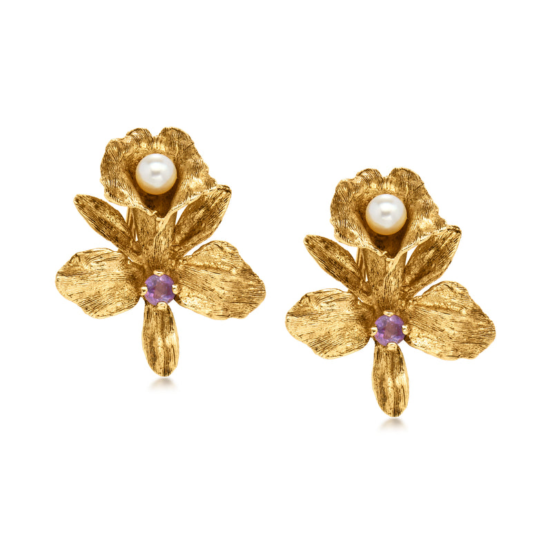 14kt gold orchid clip earrings with white pearl and purple amethyst center