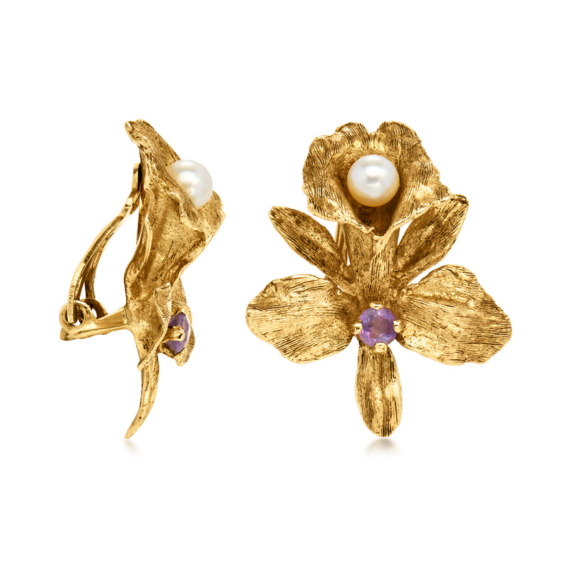14kt gold orchid clip earrings with white pearl and purple amethyst; shows clip backs