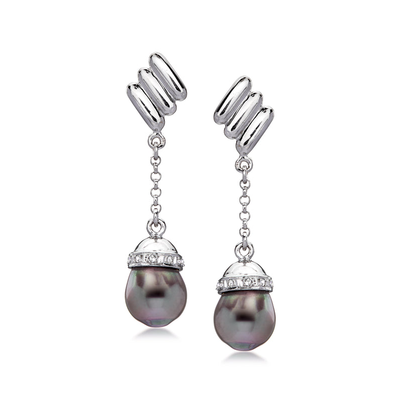 C. 1990 Vintage 9mm Black Cultured Pearl Drop Earrings with .18 ct. t.w. Diamonds in 18kt White Gold