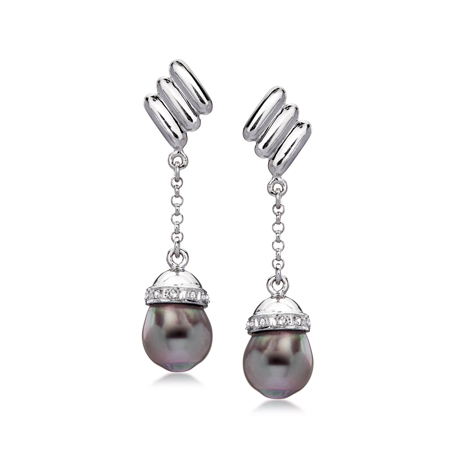 C. 1990 Vintage 9mm Black Cultured Pearl Drop Earrings with .18 ct. t.w. Diamonds in 18kt White Gold