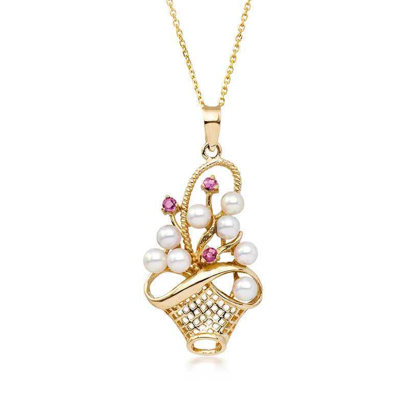 14kt yellow gold basket pendant necklace with white cultured pearls and pink rubies