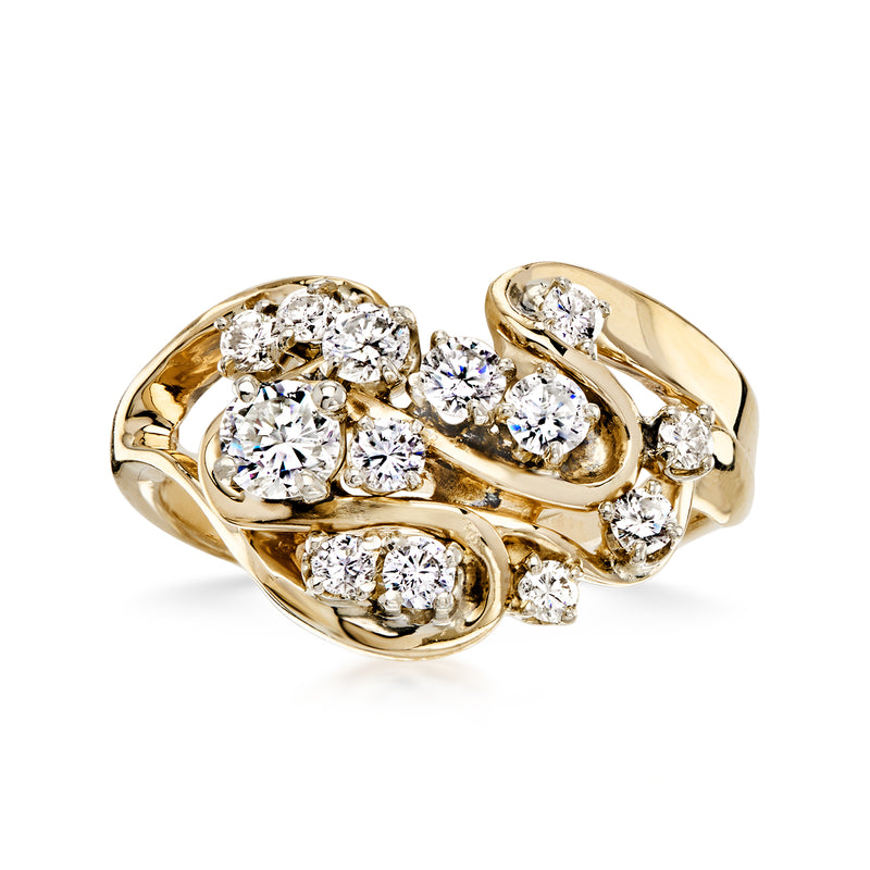 14kt yellow gold diamond cluster ring with oval and round stones, vintage style