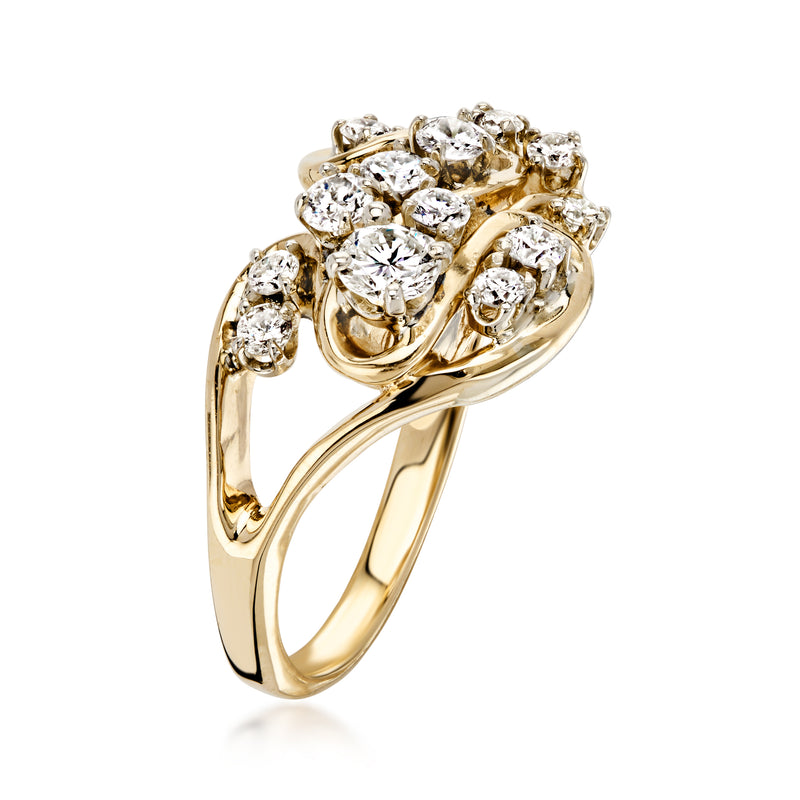 14kt yellow gold diamond cluster ring with multiple round stones, side profile