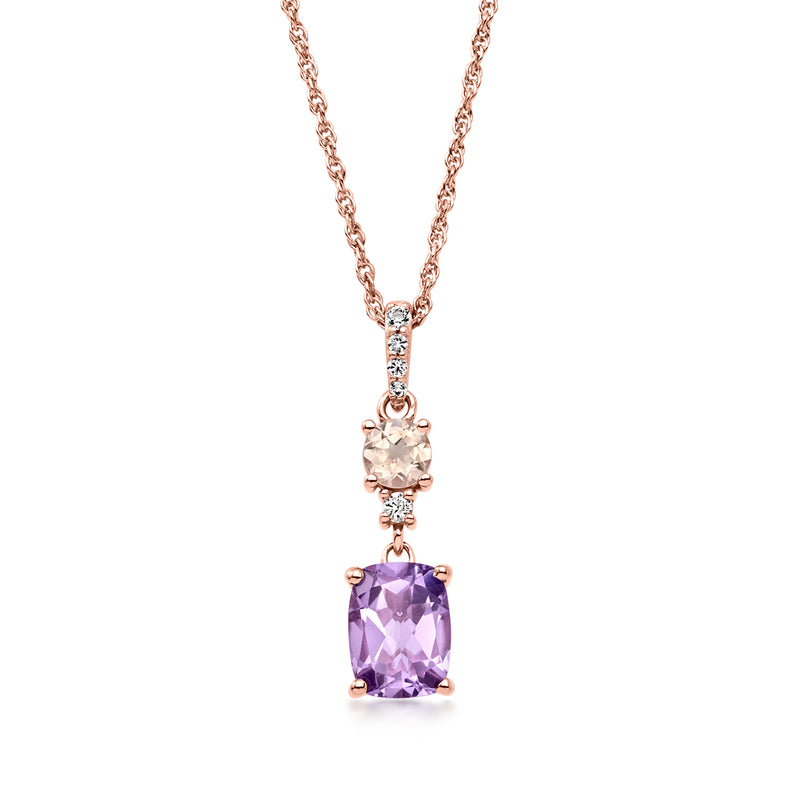 Rose gold pendant necklace with peach stone and oval amethyst drop, clear accents