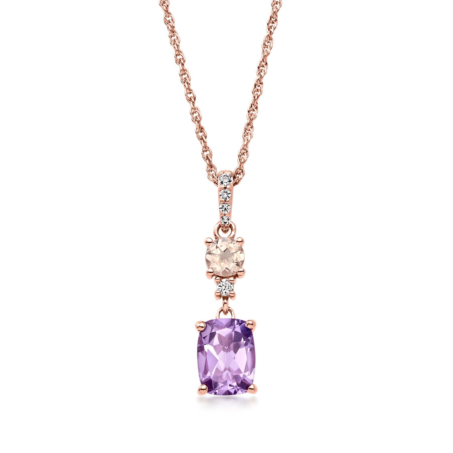 1.30 Carat Amethyst and .20 Carat Morganite Pendant Necklace with White Topaz in 18kt Rose Gold Over Sterling
