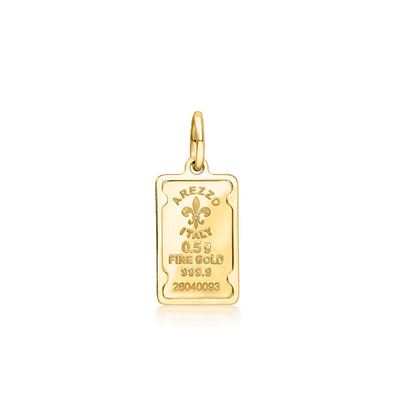 Yellow gold square ingot charm with fleur-de-lis and engraved Italy 0.5g fine gold 999.9