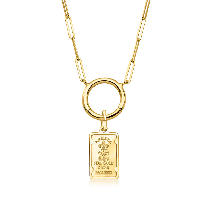 Square yellow gold ingot charm with fleur-de-lis on link chain, shown from front