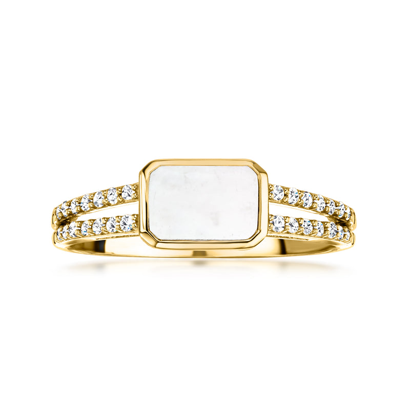 Mother-of-pearl ring in 10kt yellow gold with diamond-accented split band