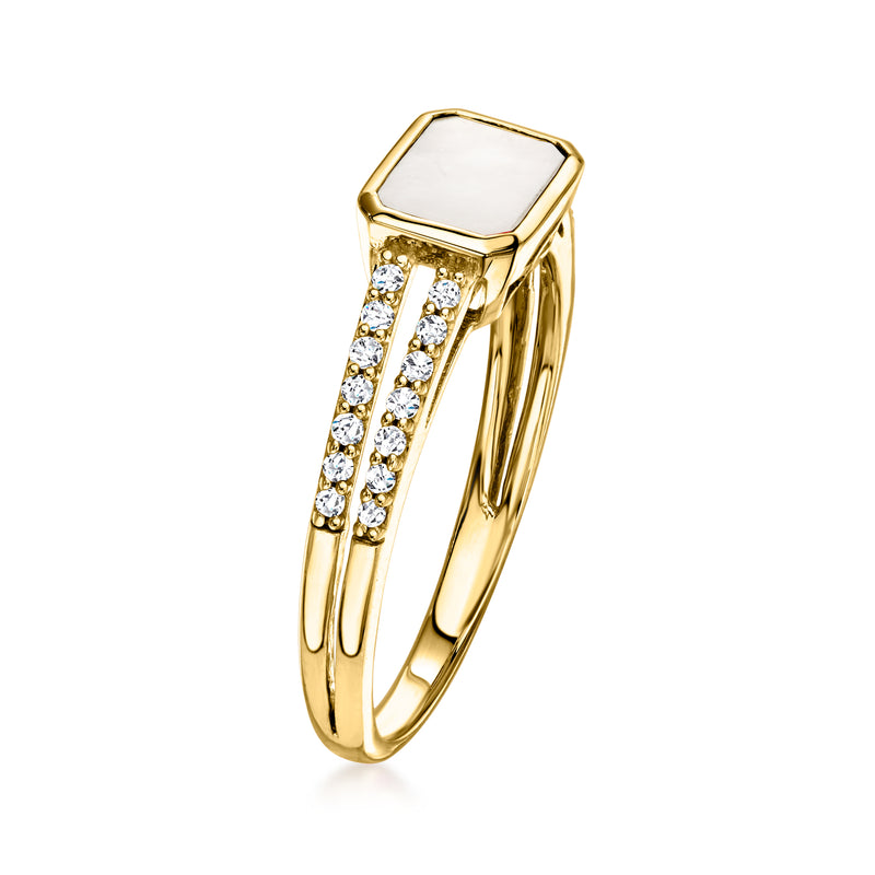 Mother-of-pearl ring in 10kt yellow gold with diamond accents on split shank