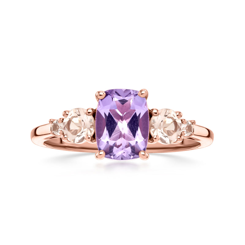 Rose gold ring with oval purple amethyst center and white topaz side stones