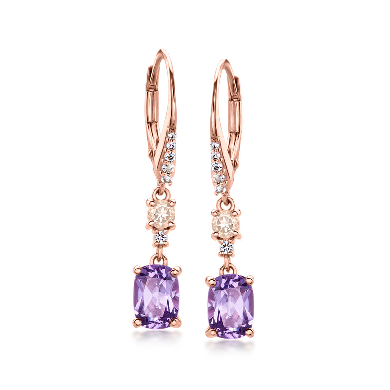 Rose gold leverback drop earrings with purple square amethyst stones and clear accents