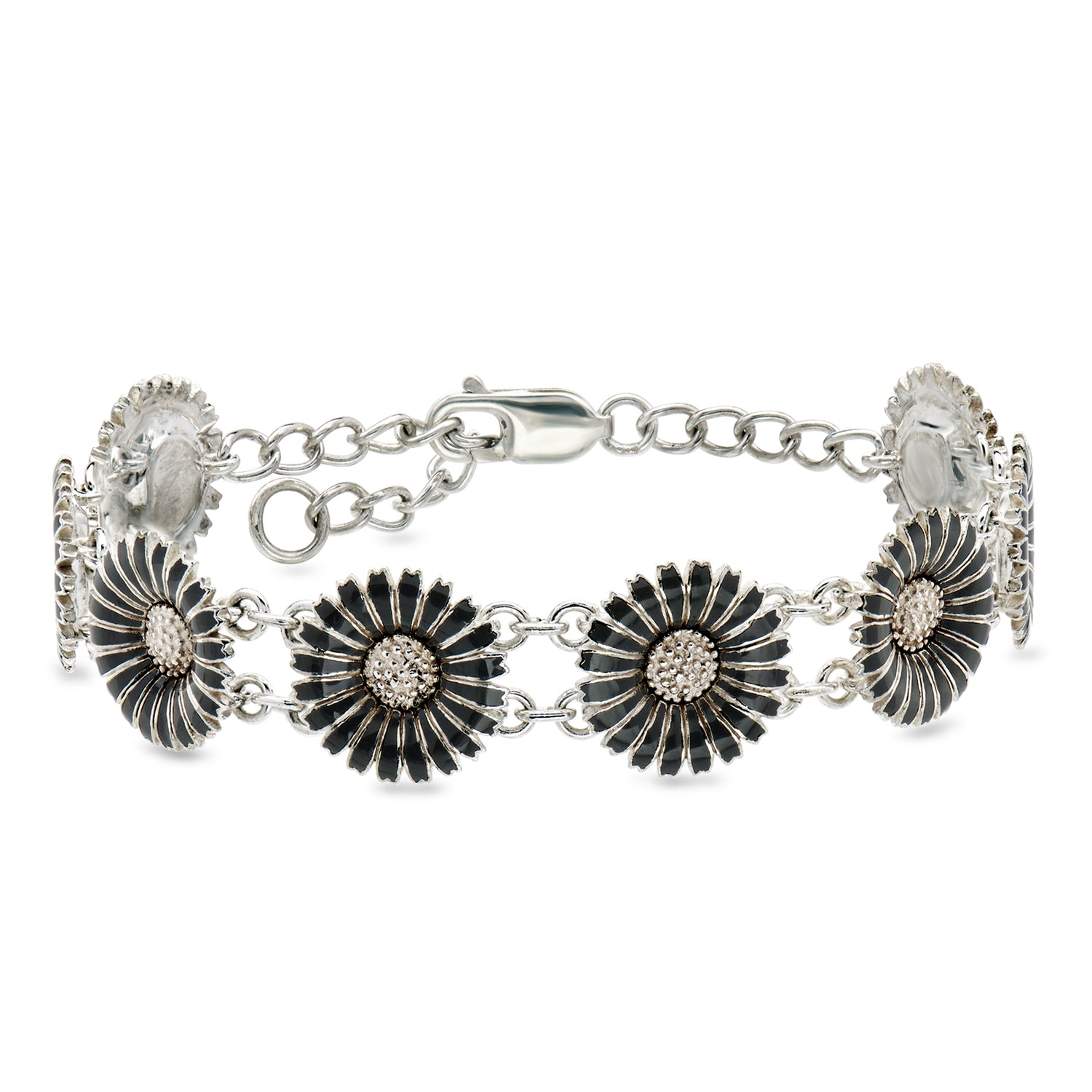 C. 1990 Vintage Sterling Silver Flower Bracelet with Black Enamel