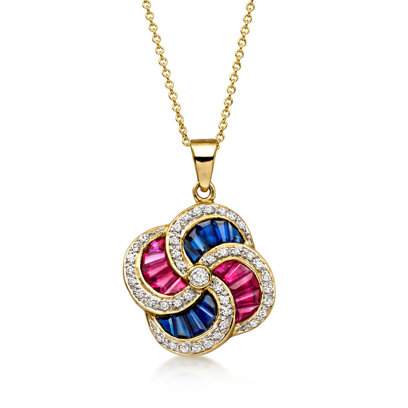 C. 1990 Vintage .80 ct. t.w. Ruby and .80 ct. t.w. Sapphire Swirl Pendant Necklace with .35 ct. t.w. Diamonds in 18kt Yellow Gold. 16"
