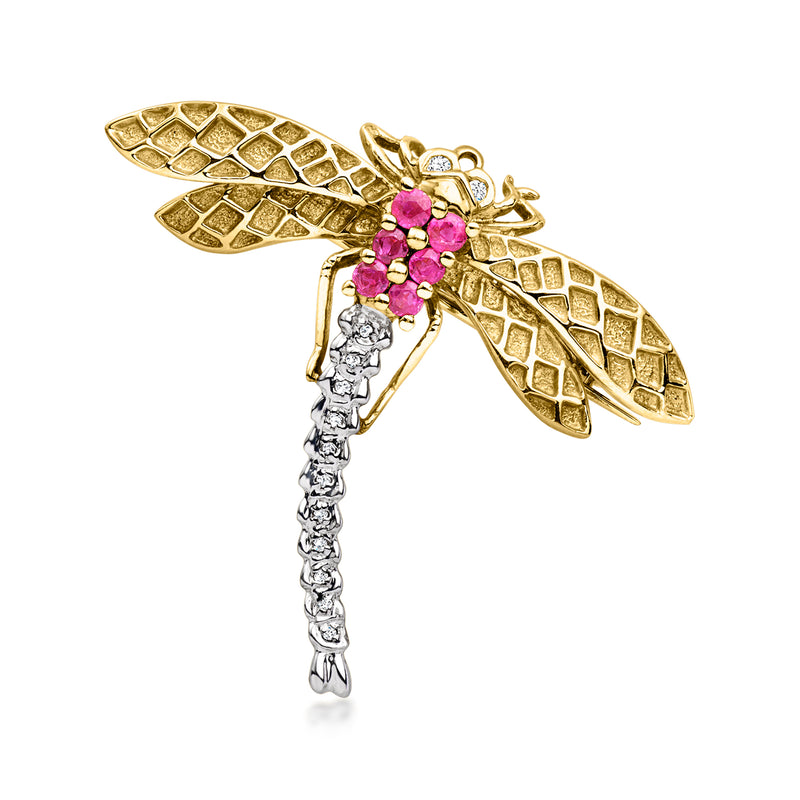 Vintage dragonfly pin in 14kt yellow gold with ruby and diamond accents