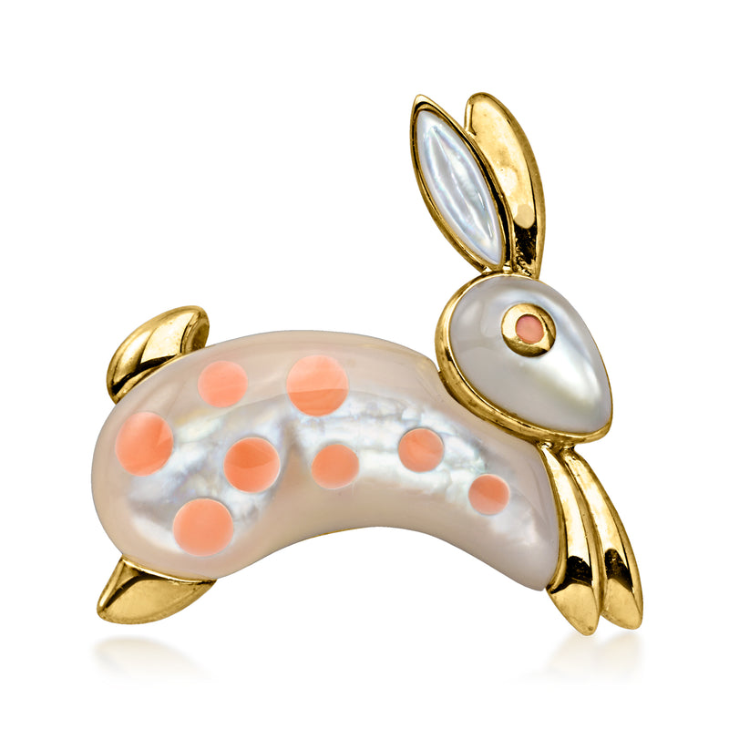C. 1990 Vintage Asch Grossbardt Coral-Spotted Mother-of-Pearl Rabbit Pin in 18kt Yellow Gold