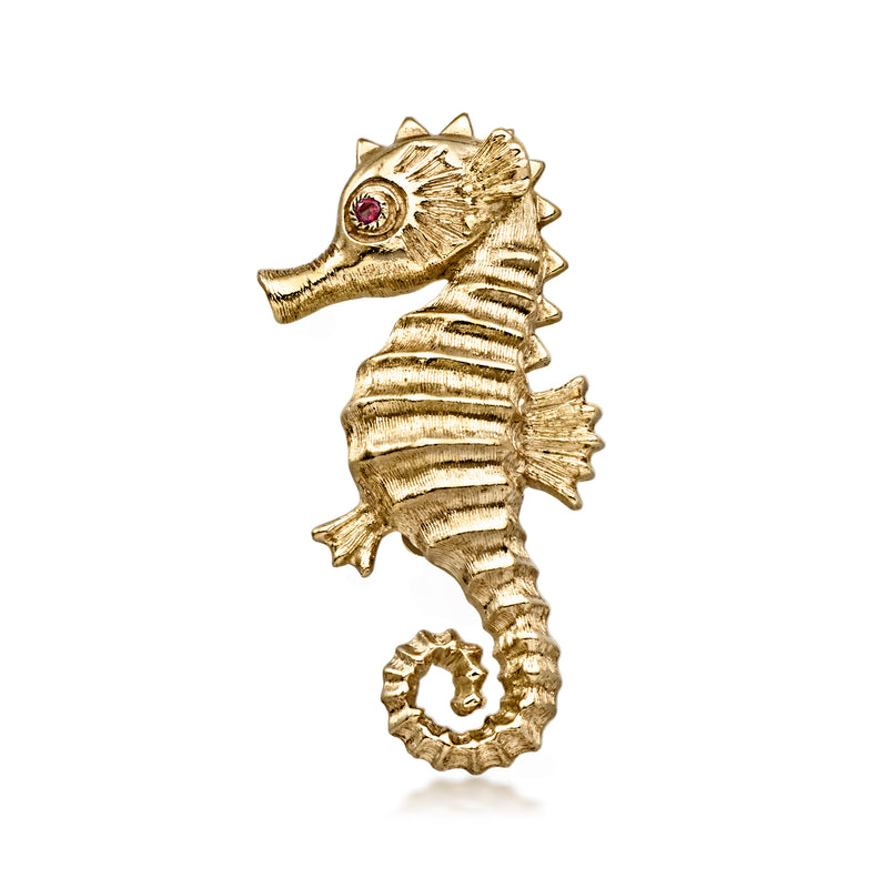C. 1990 Vintage 14kt Yellow Gold Seahorse Pin with Single Ruby