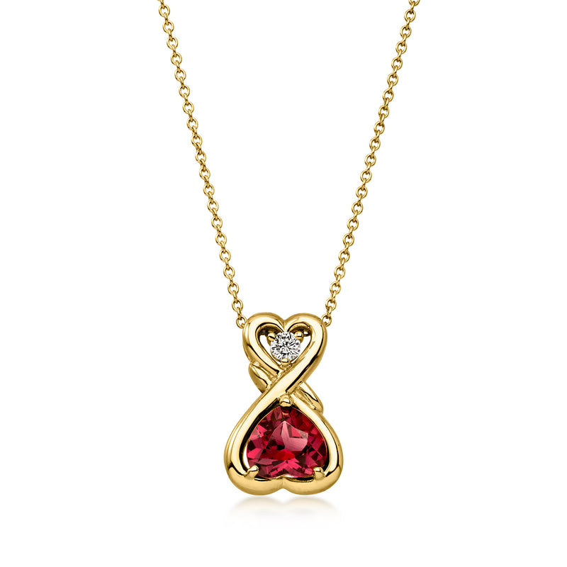 C. 1990 Vintage Tiffany Jewelry 2.10 Carat Rhodolite Garnet and .10 Carat Diamond Heart Pendant Necklace in 18kt Yellow Gold. 18.5"