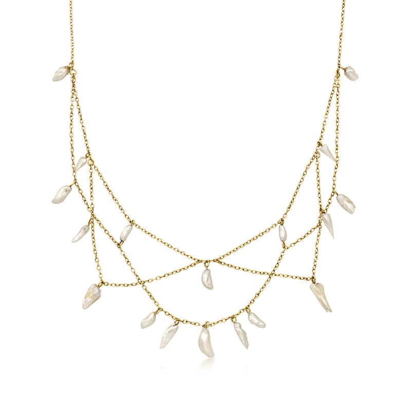 C. 1980 Vintage Cultured Baroque Pearl Scalloped Bib Necklace in 10kt Yellow Gold. 16"