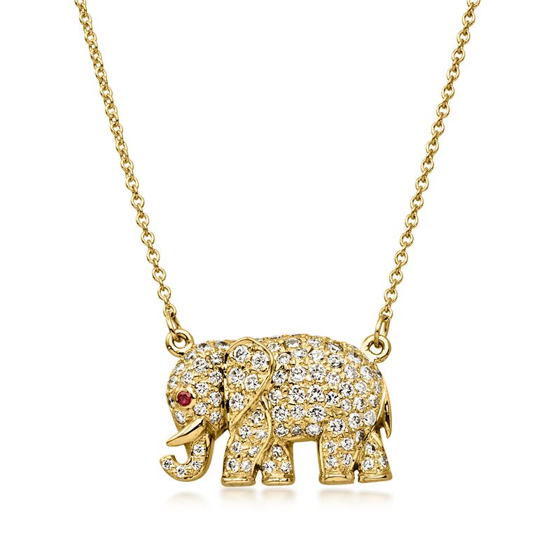 C. 1980 Vintage 1.15 ct. t.w. Diamond Elephant Necklace with Single Ruby in 18kt Yellow Gold. 18"