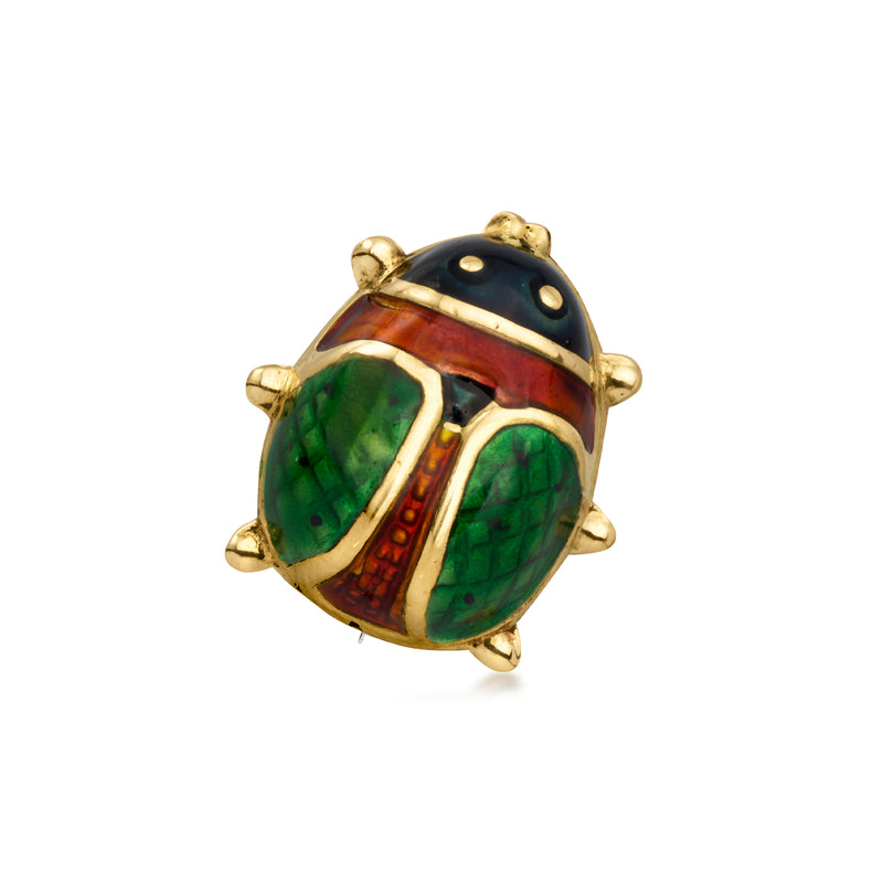 Gold-tone enamel beetle pin with green, red and black glossy body