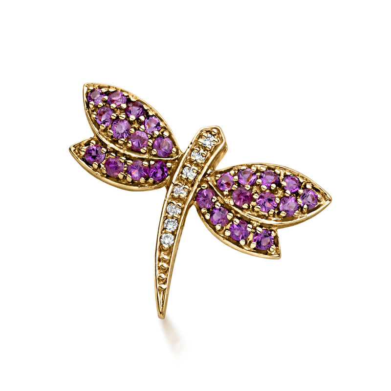 C. 1990 Vintage 1.00 ct. t.w. Amethyst and .10 ct. t.w. Diamond Dragonfly Pin in 14kt Yellow Gold