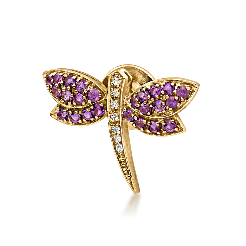 C. 1990 Vintage 1.00 ct. t.w. Amethyst and .10 ct. t.w. Diamond Dragonfly Pin in 14kt Yellow Gold