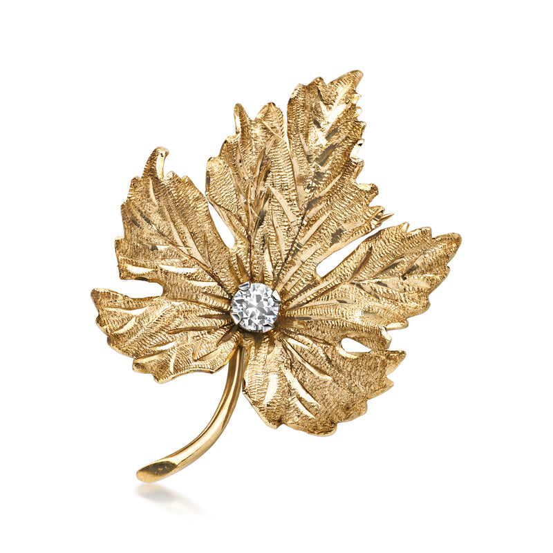 C. 1970 Vintage .40 Carat Diamond Leaf Pin in 14kt Yellow Gold