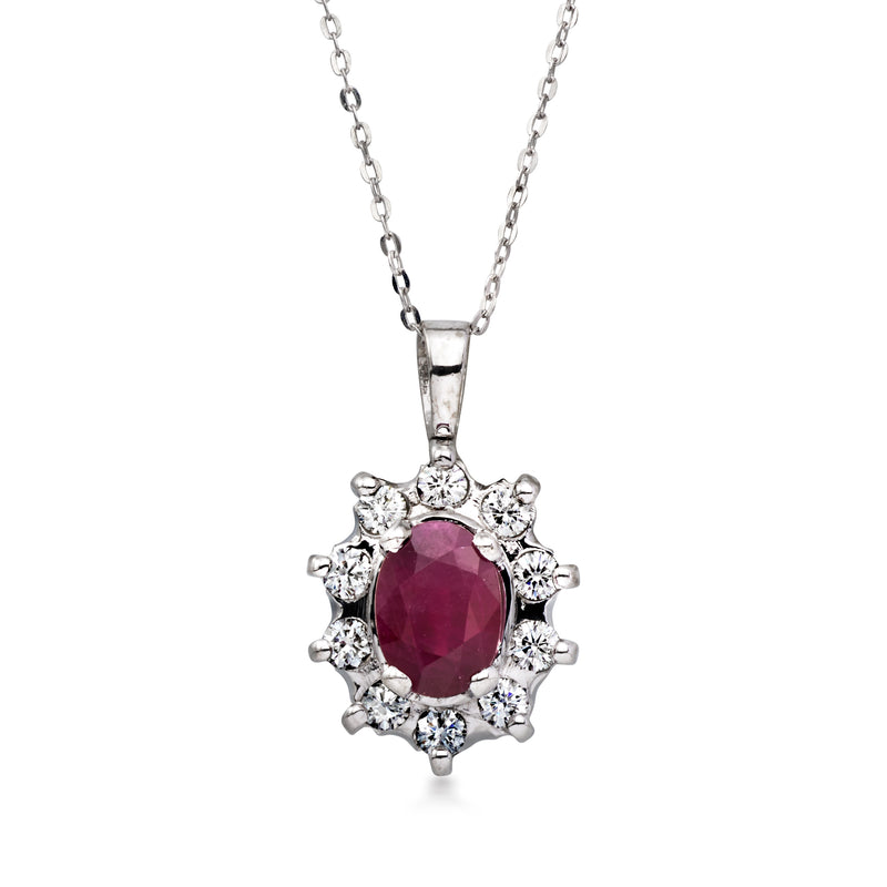 Ruby pendant necklace with round gemstone, diamond halo, and white gold chain