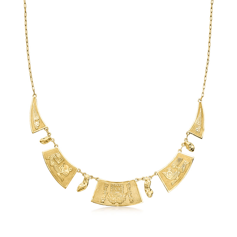 Vintage 18kt yellow gold Aztec-inspired necklace with engraved arched panels
