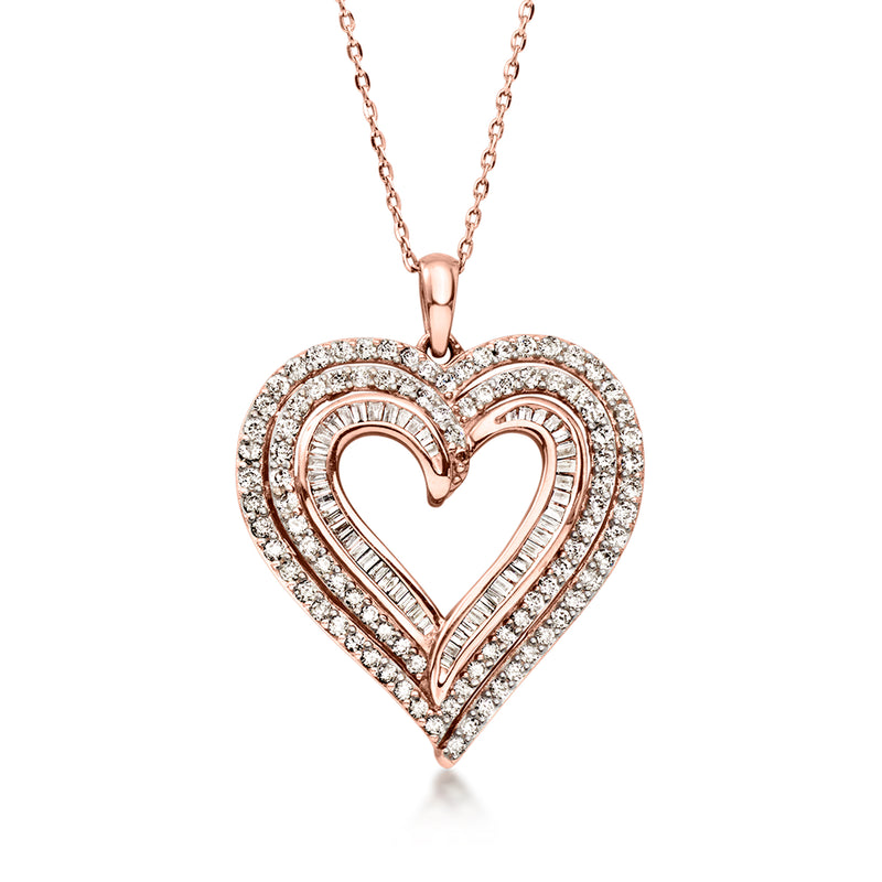 Rose gold diamond heart pendant necklace with layered heart design