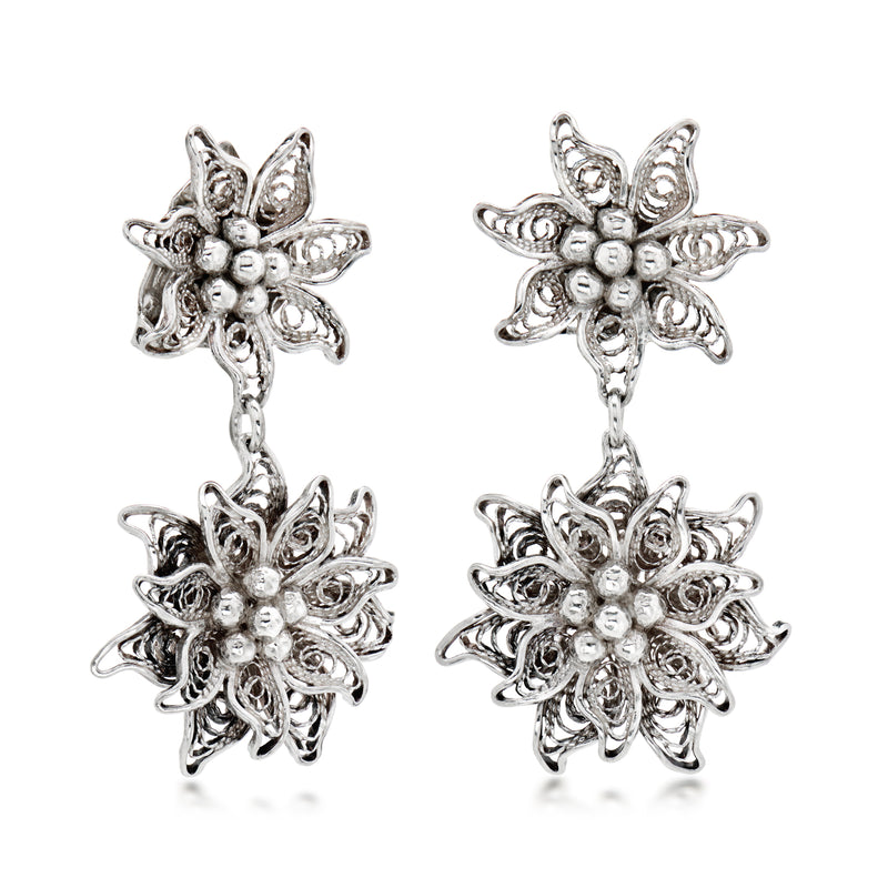 Sterling silver floral clip-on drop earrings with layered filigree and bead centers