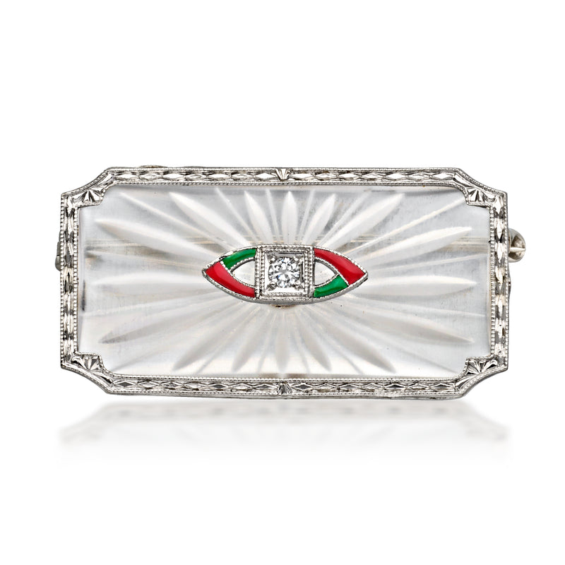 C. 1950 Vintage 7.00 Carat Rock Crystal Pin with Multicolored Enamel and Single Diamond in Platinum and 14kt Gold