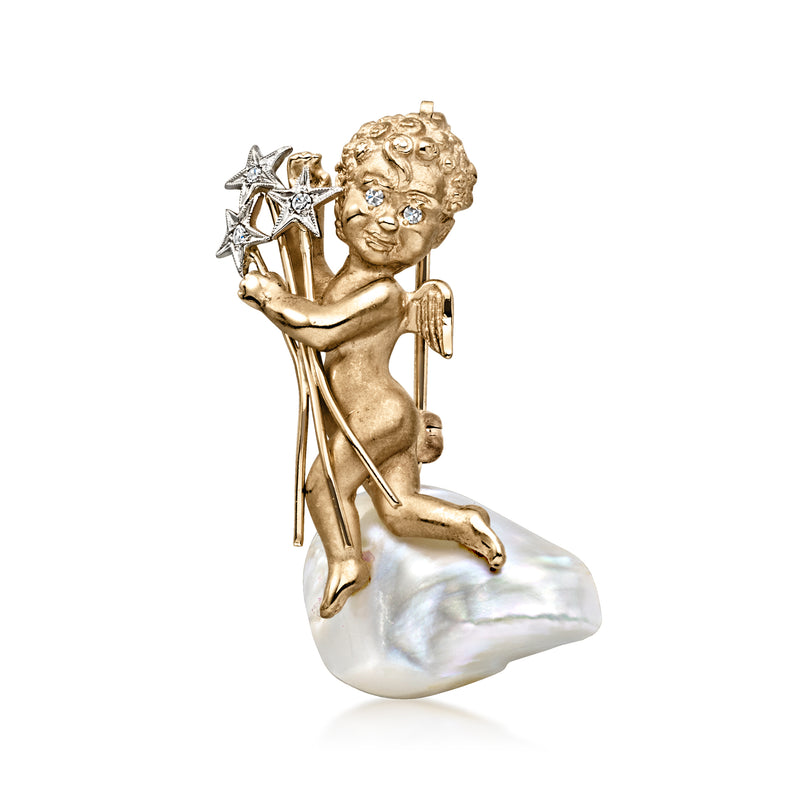C. 1970 Vintage Mother-of-Pearl Angel Pin with Diamonds in 14kt Two-Tone Gold