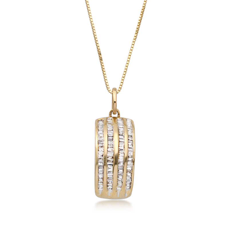 14kt yellow gold curved diamond pendant on thin chain, rectangular openwork design