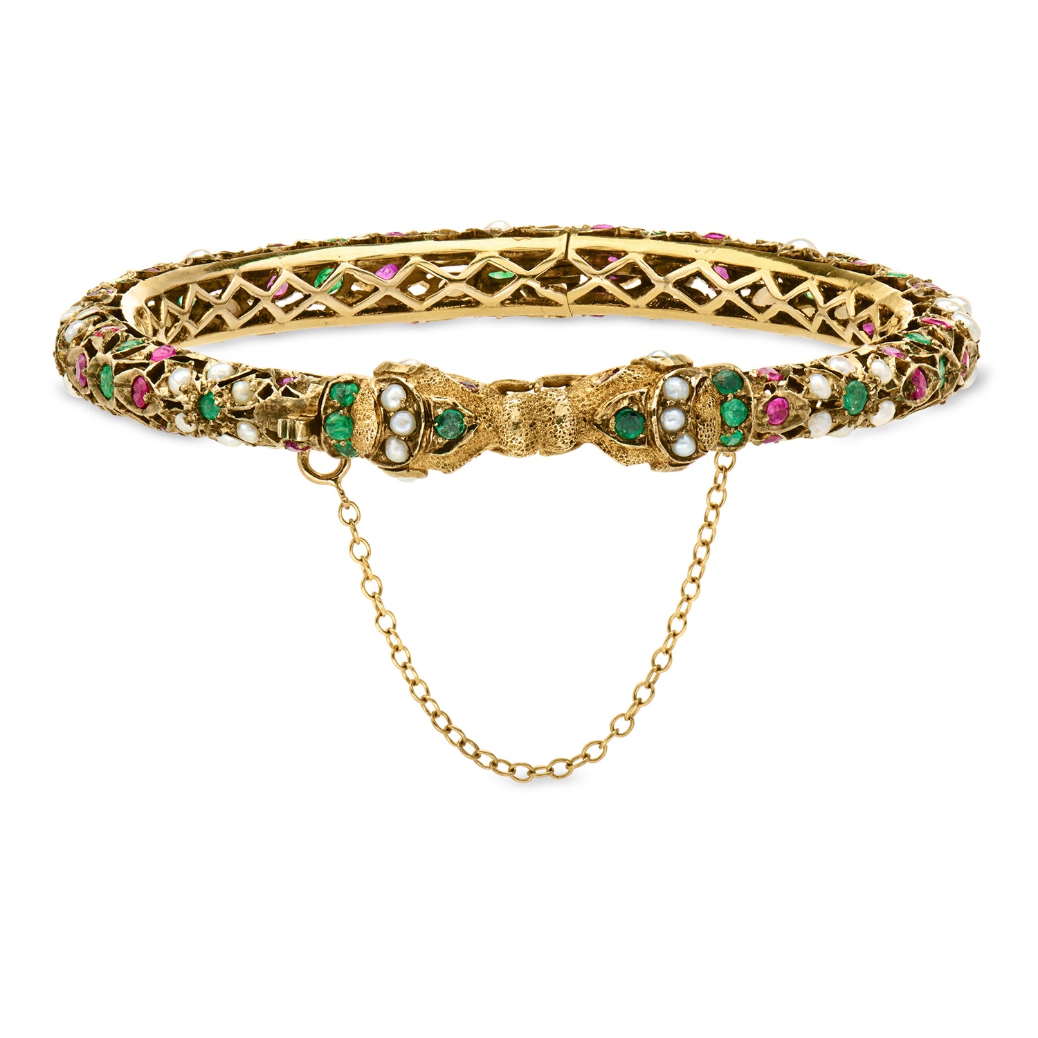 C. 1970 Vintage 3.60ct t.w. Ruby, 2.20ct t.w. Emerald Double Elephant Head Bangle Bracelet, 2-2.5mm Cultured Pearls in 14kt Gold Over Sterling